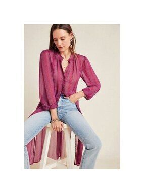 Maeve Sheer Magenta Button-Down Long Tunic Blouse